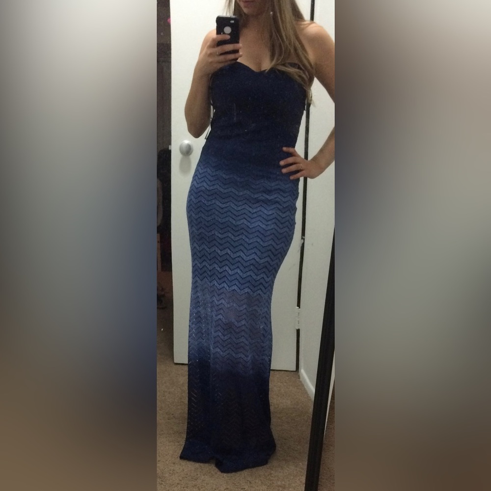 Betsy & Adam size 8 strapless ombré blue gown